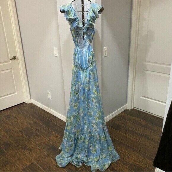 Ieena Mac Duggal Ruffle Tiered Floral Cutout Chiffon Gown 10 Blue Lace Up - Picture 8 of 9